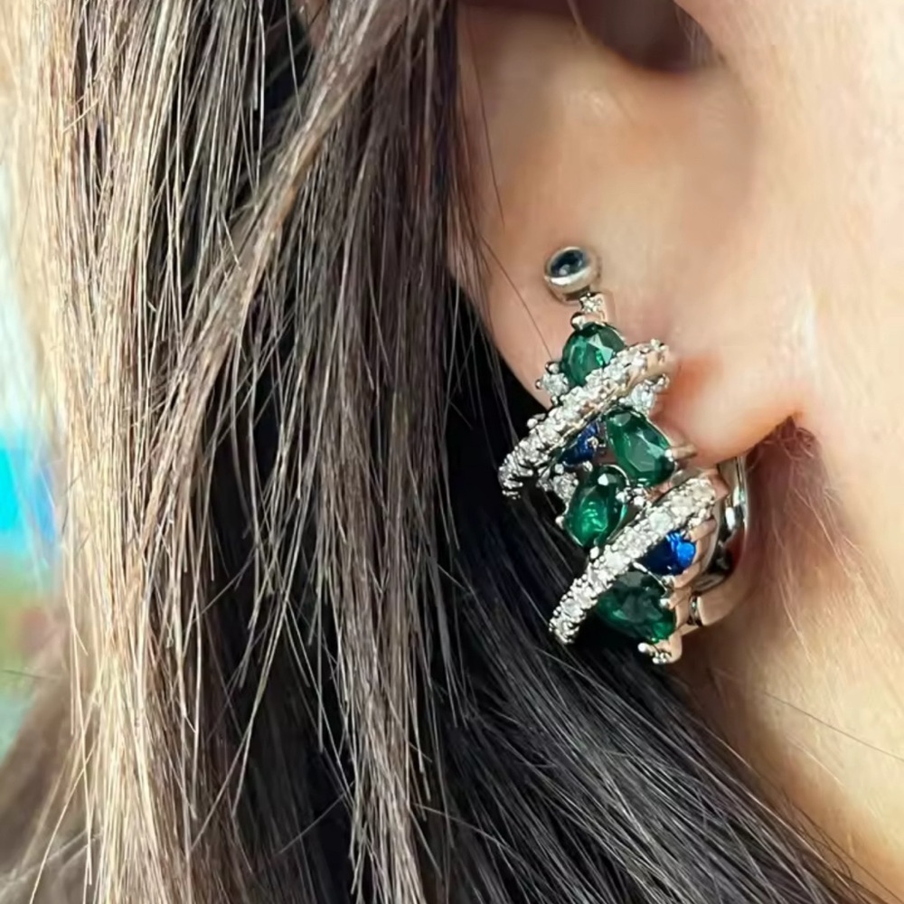 Statement Silver Tone Hoop Earrings with Green & Blue NEW